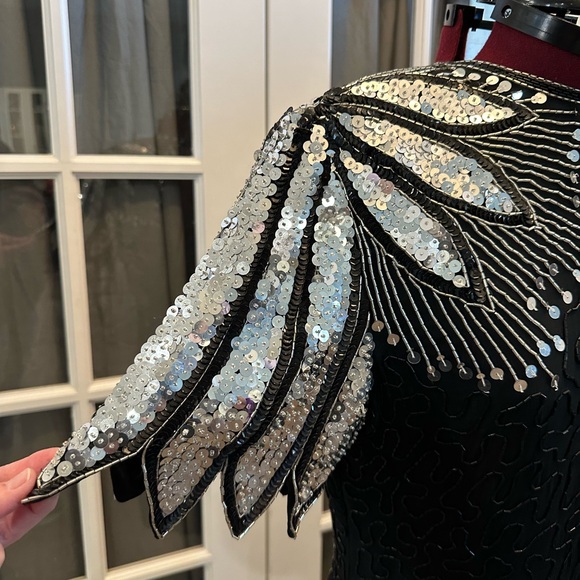 Vintage Laurence Kazar Black Silk Beaded Sheath Dress With Sequined Shoulders - Picture 4 of 15